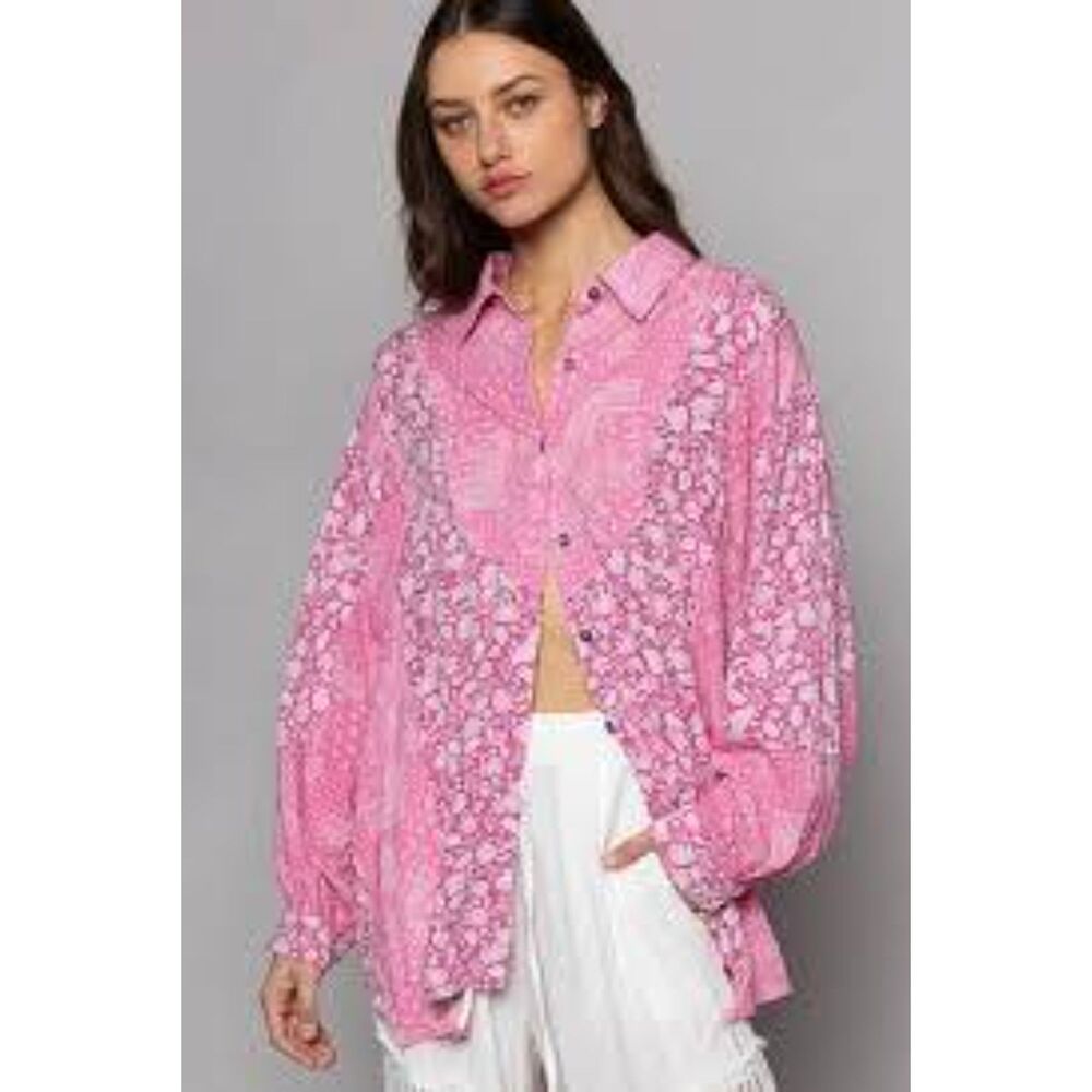 POL Pink Paisley Long Sleeve Oversized Button Down Size LG